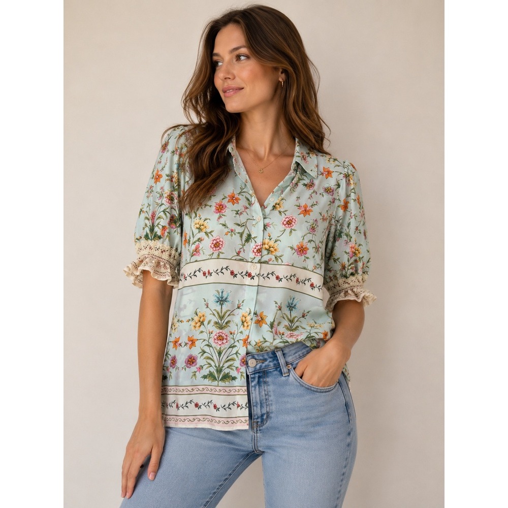 Alex & Lili Womens Large Blue Floral Button Down Blouse Crochet‎ Lace Cuff